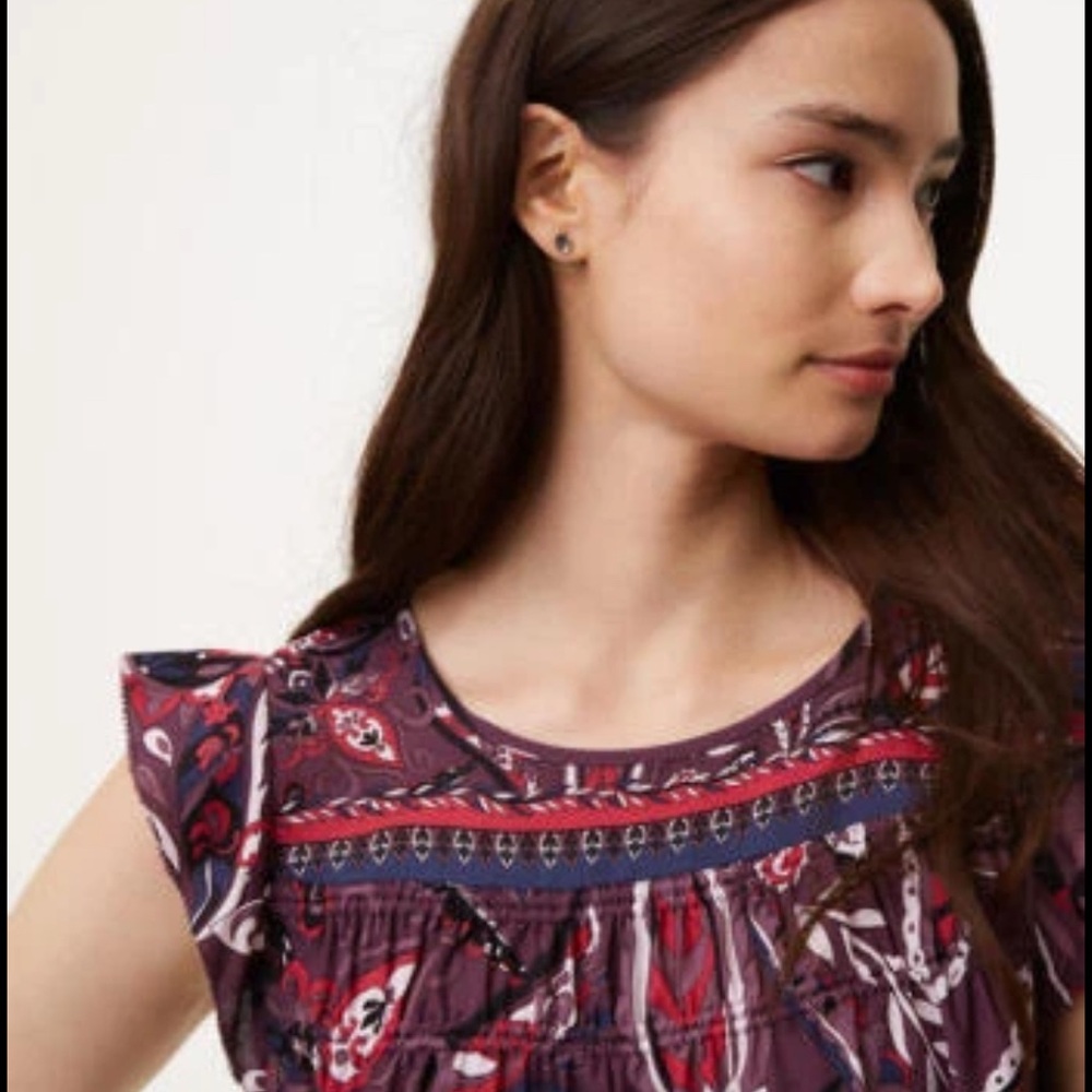LOFT Purple Paisley Flutter Sleeve Blouse Smocked Ruffle Front and Keyhole Back. - Picture 2 of 11